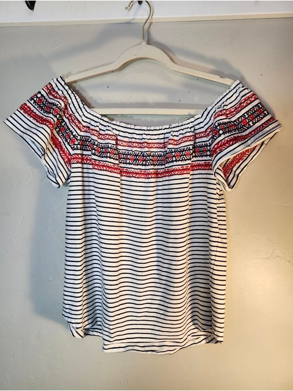 THML White Striped Off-Shoulder Crop Top with Red & Blue Embroidery
